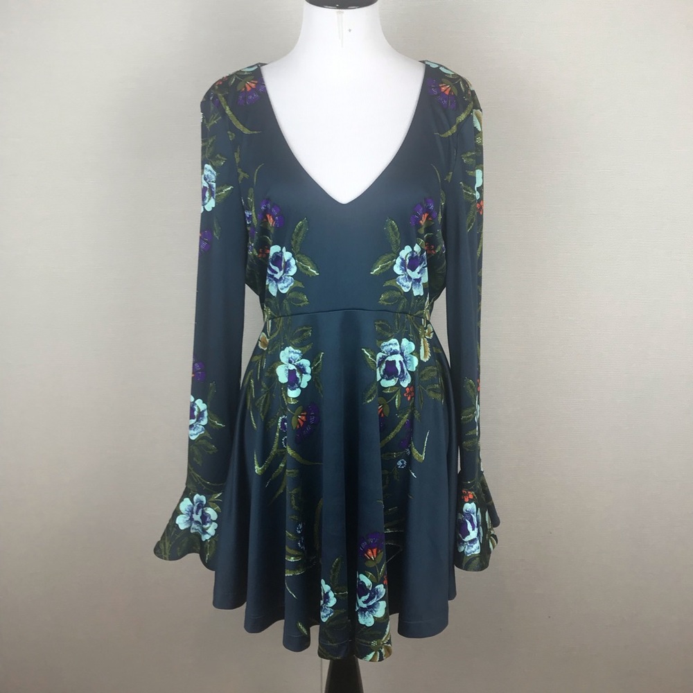 Free People Teal Floral Keyhole Bell Sleeve Skater Dress S